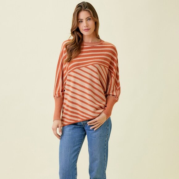 MYSTREE Taupe & Cream Diagonal Stripe Dolman Sleeve Sweater Asymmetrical Hem - Picture 7 of 8